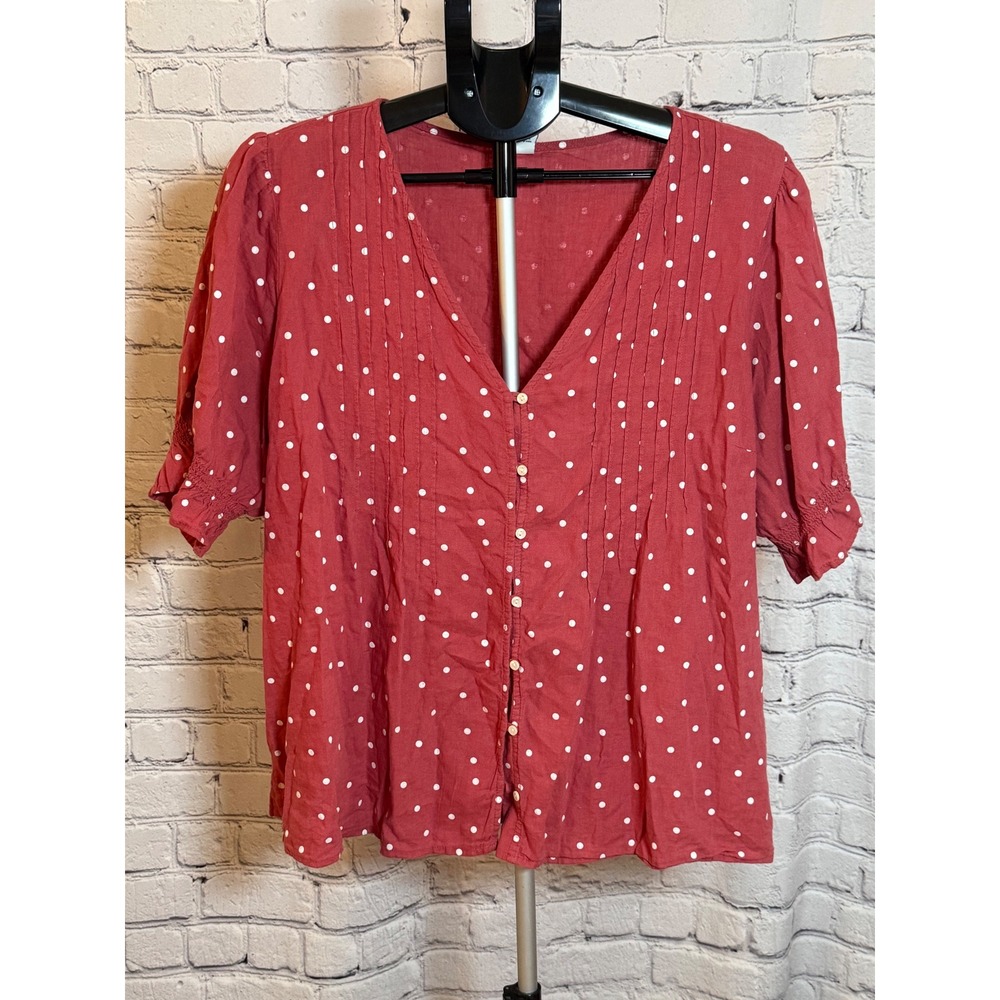 Old Navy Red Polka Dot Linen Blend Pintuck Puff Sleeve Blouse‎ Womens XL